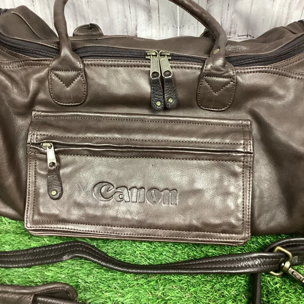 Canyon Outback Large Brown Leather Duffel Bag Canon Camera Promotional Item VTG